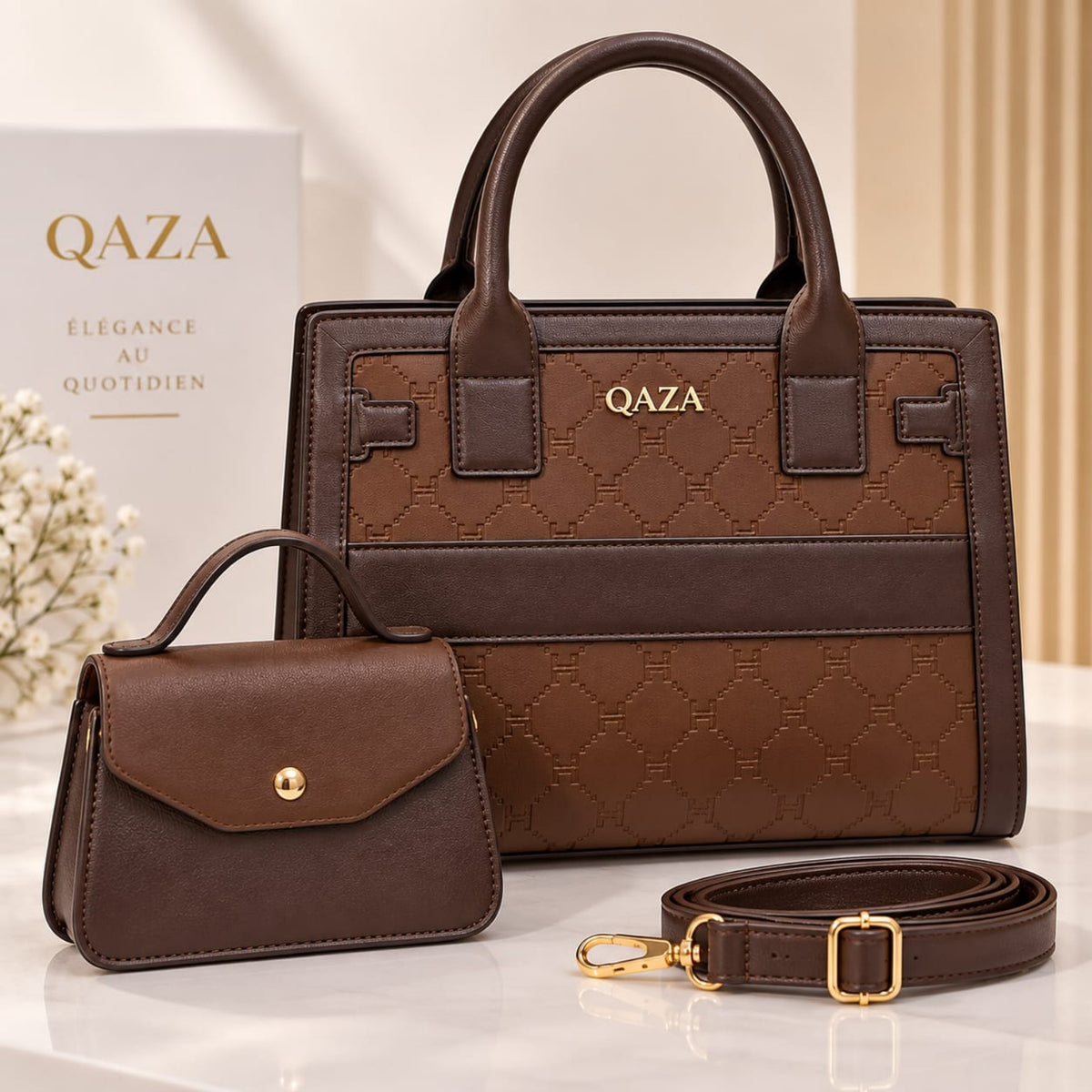 Ensemble QAZA marron chocolat 30 cm avec grand sac, mini-sac et bandoulière