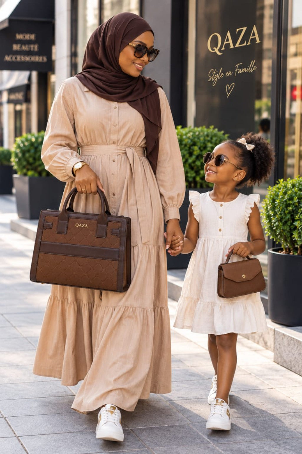 Grand sac et mini-sac QAZA marron chocolat 30 cm portés en ville