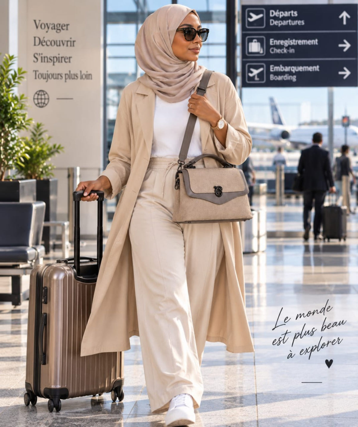 Sac QAZA taupe 25 cm porté en voyage