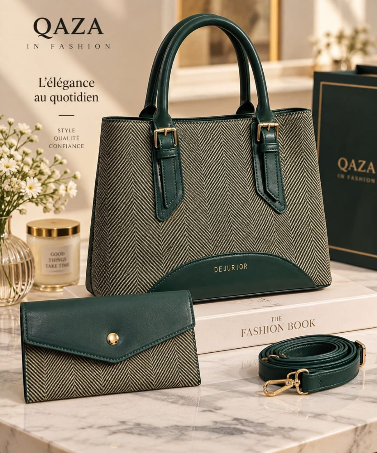 Ensemble QAZA vert 28 cm avec grand sac, mini-sac et bandoulière
