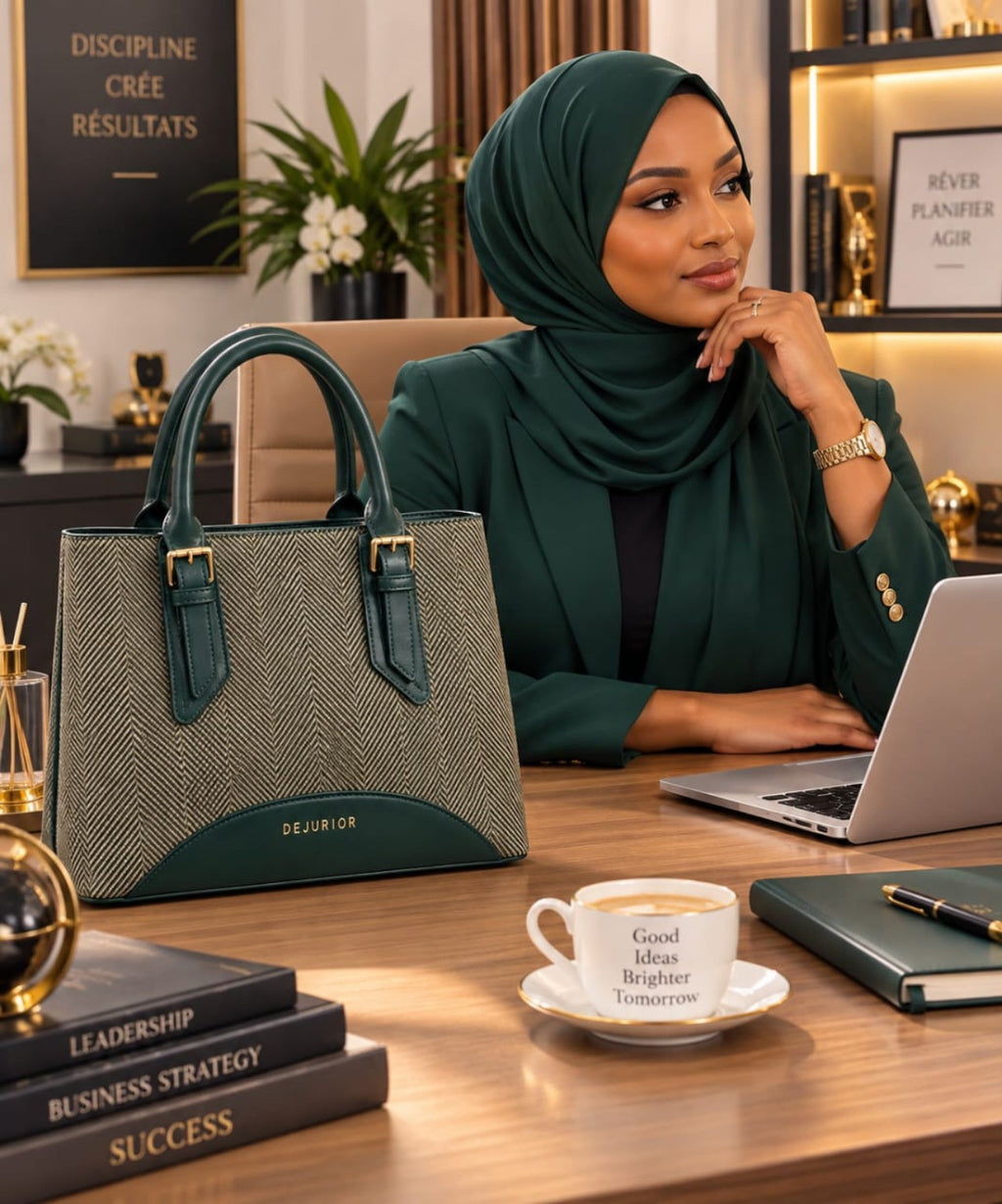 Grand sac QAZA vert 28 cm présenté dans un décor de bureau