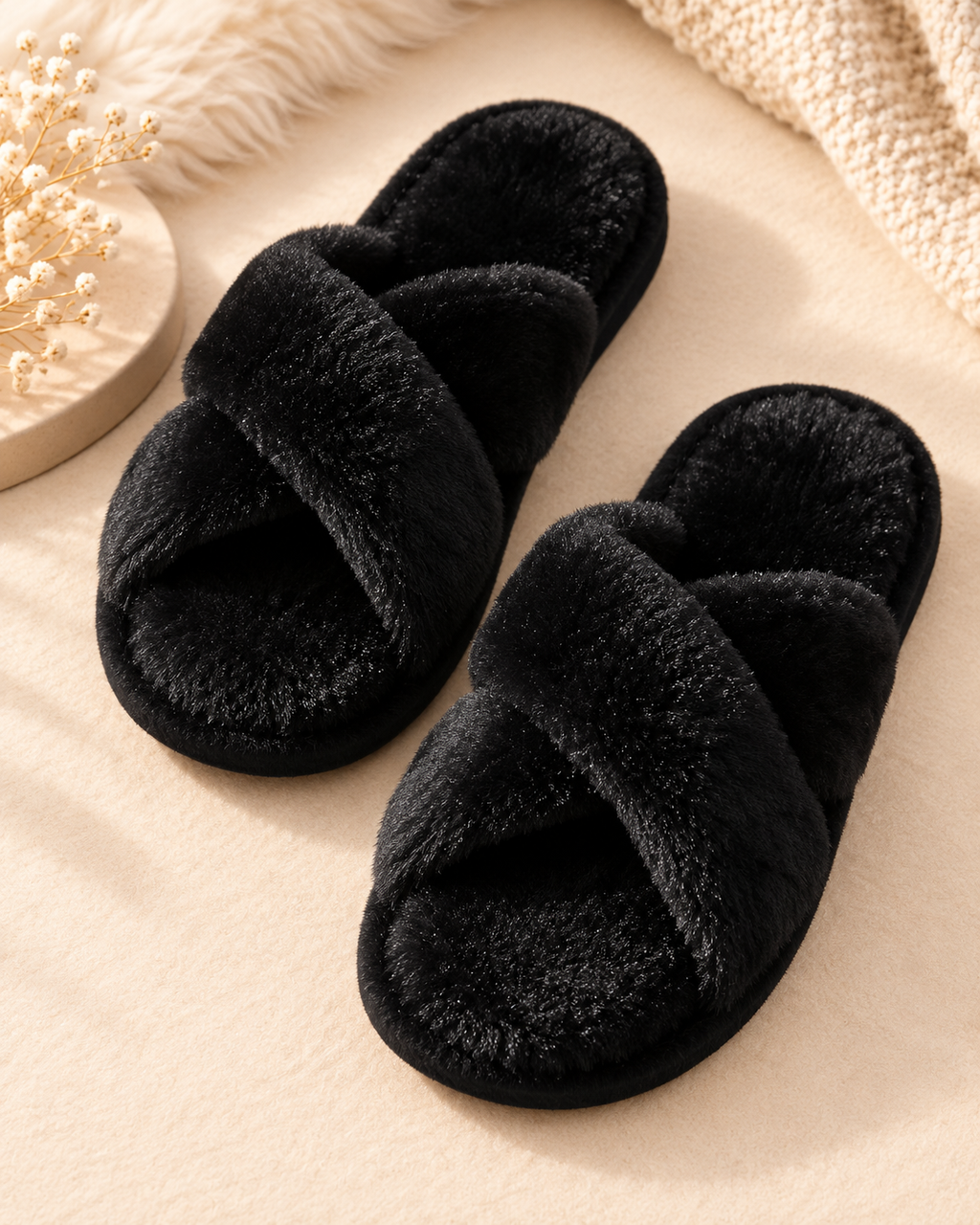 Pantoufles femme – Noir effet fourrure croisée