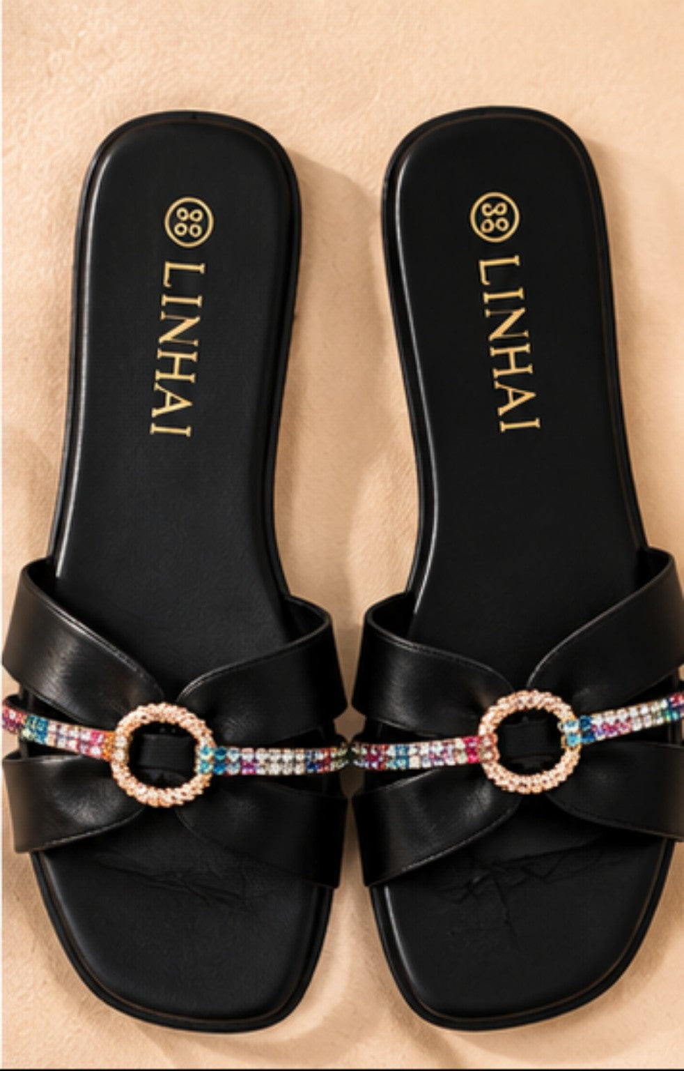 Sandales noires LINHAI avec boucle ronde décorative, pointure 39