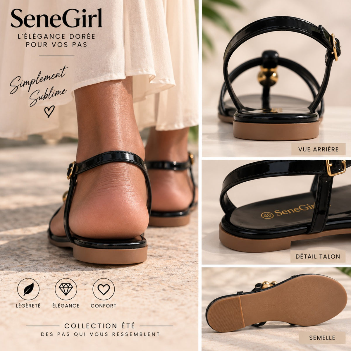 Sandales SeneGirl noires - détails talon et semelle