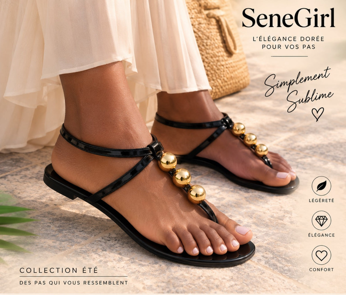 Sandales SeneGirl noires vernies avec trois boules dorées - portées
