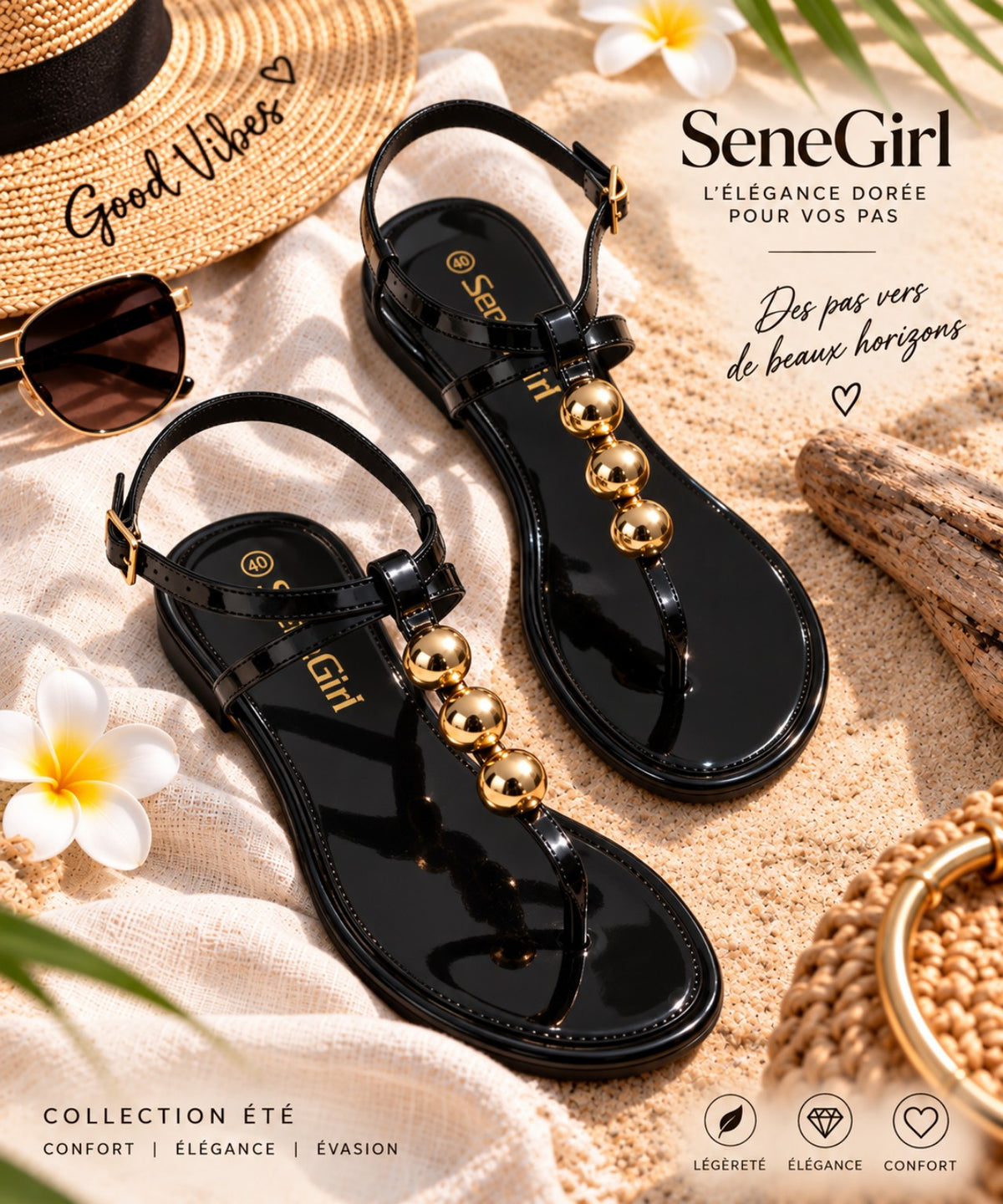 Sandales SeneGirl noires vernies avec trois boules dorées - vue produit