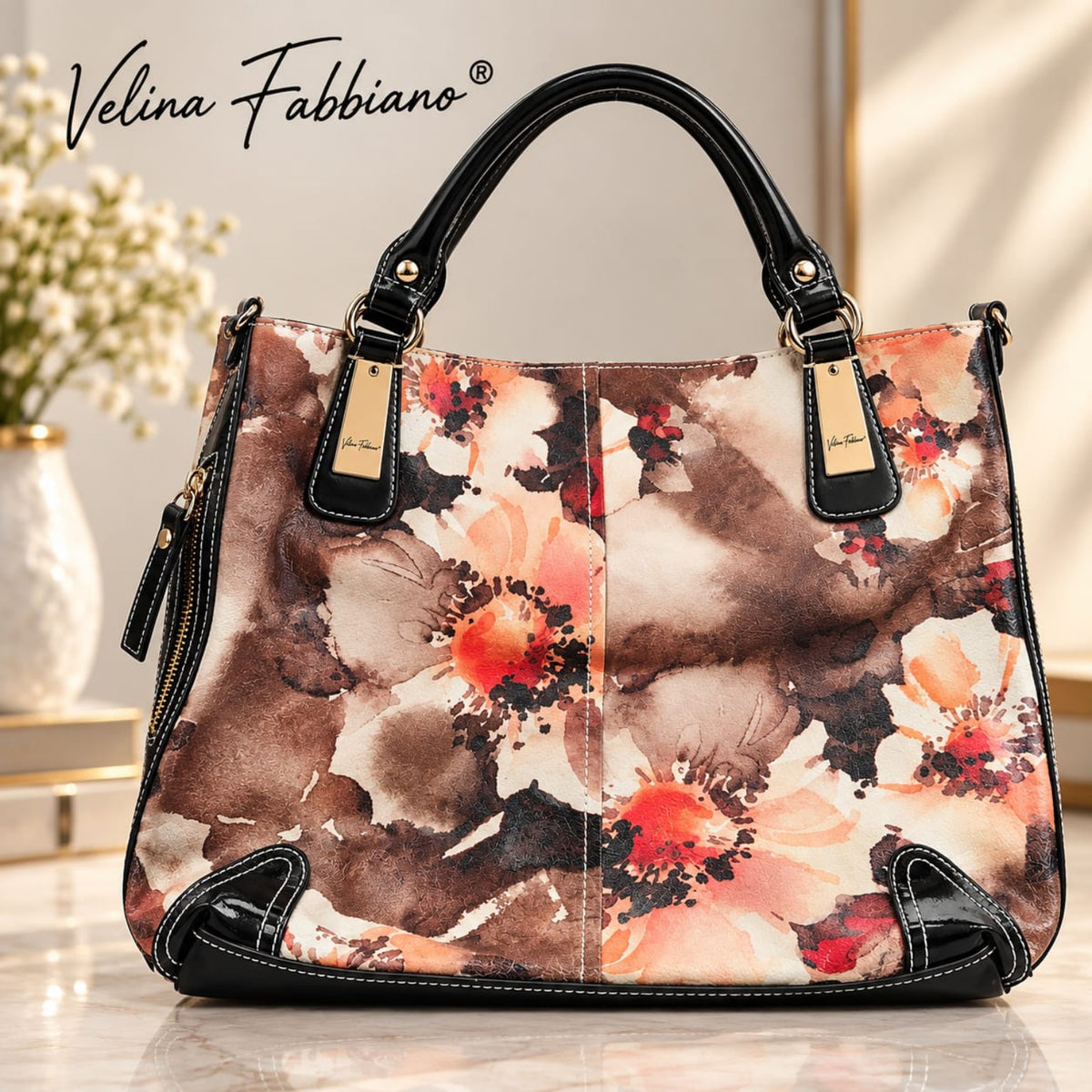 Sac Velina Fabbiano multicolore fleuri marron orange et noir 35 cm