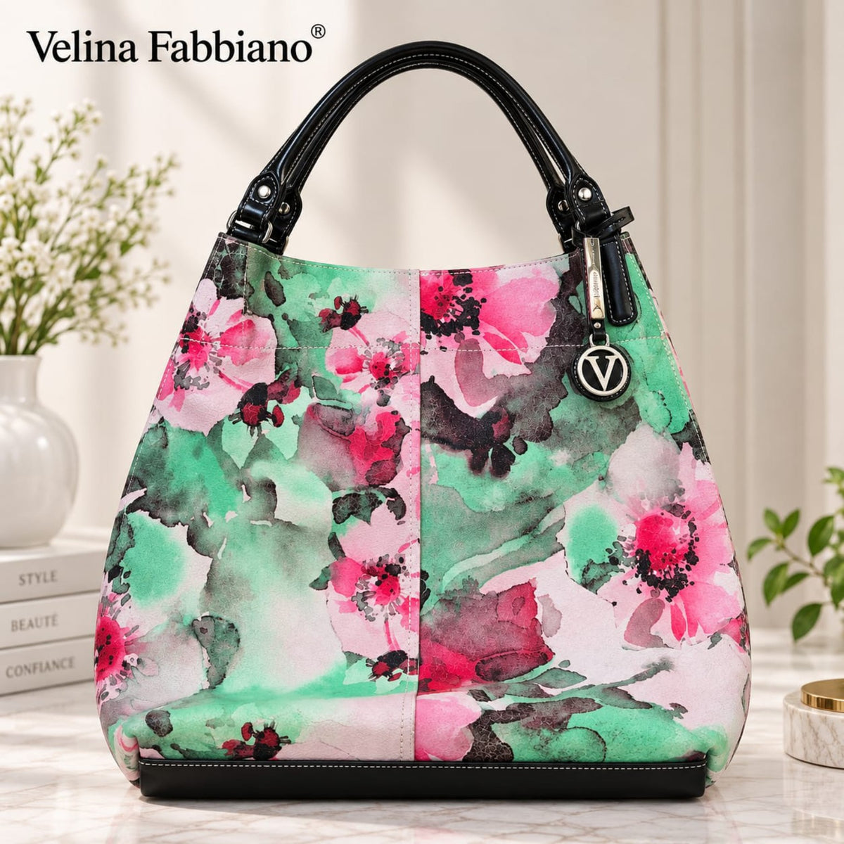 Sac fourre-tout Velina Fabbiano multicolore vert et rose 35 cm
