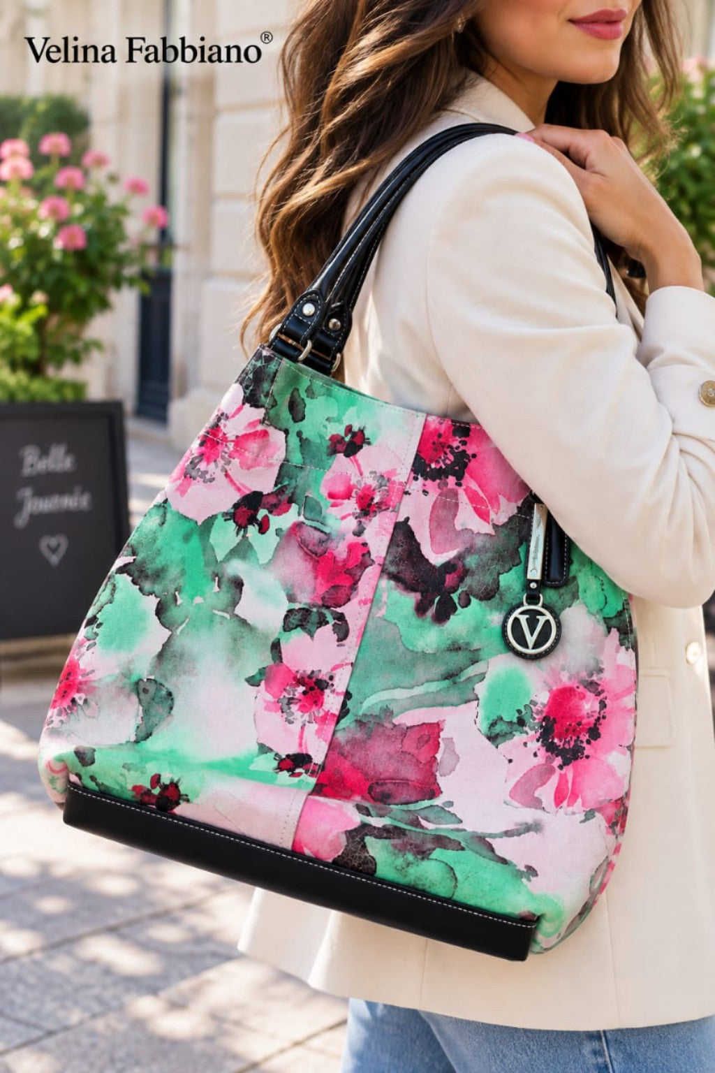Sac Velina Fabbiano multicolore vert et rose 35 cm porté à l’épaule